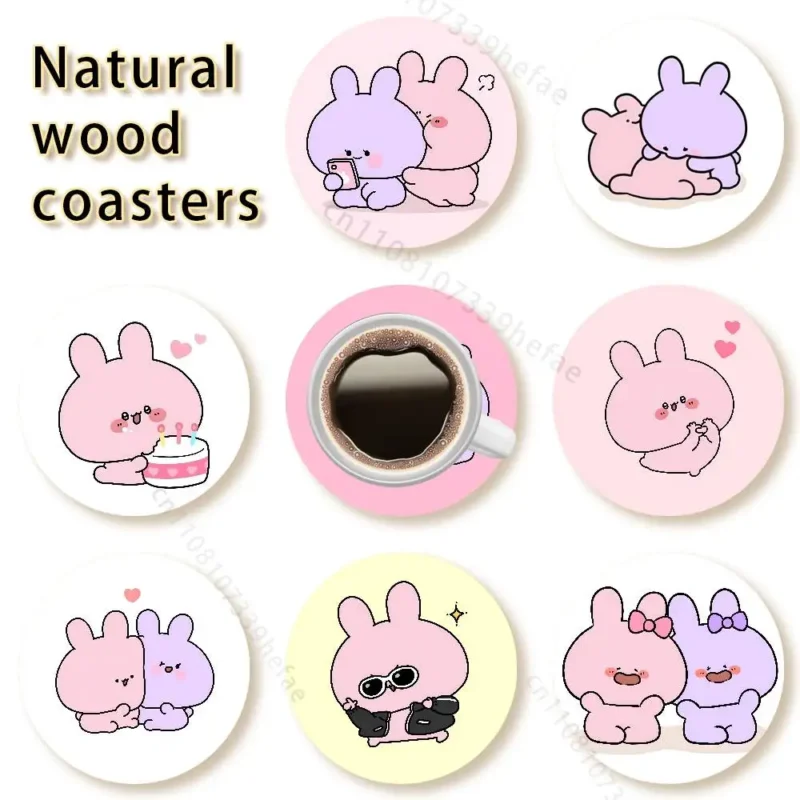 Asamimichan Wooden Coasters Cute Bunny Rabbit Cartoon Drink Coasters