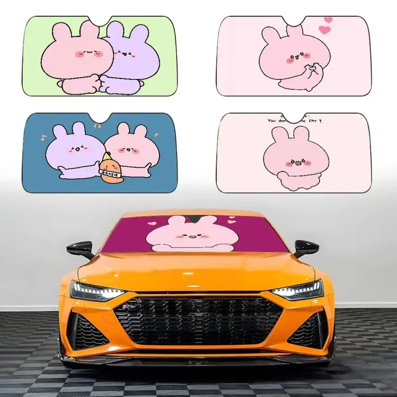 Asamimichan Car Windshield Cover Cute Bunny Rabbit Cartoon Sunshade Protector (130x70cm)